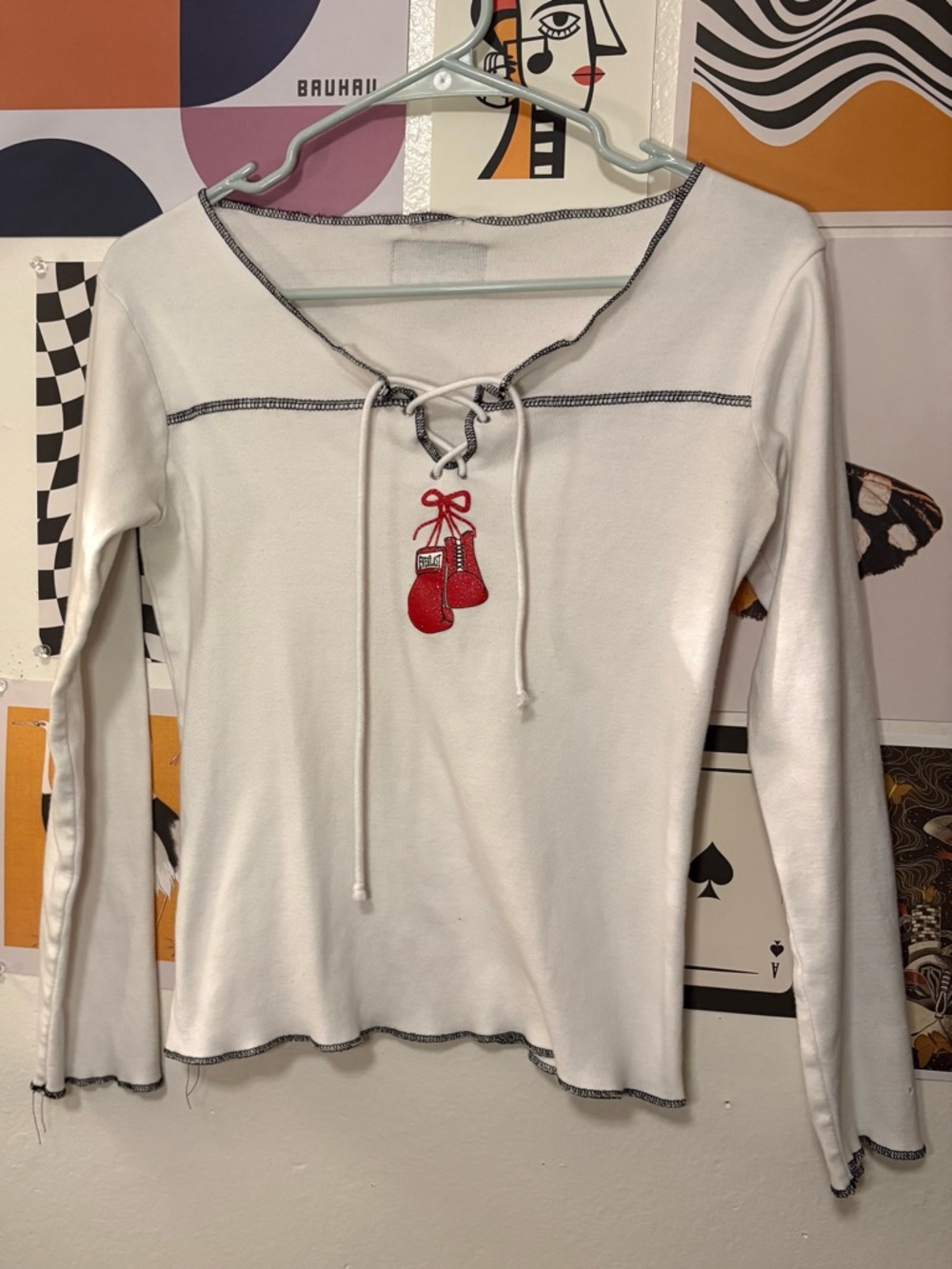 Everlast White Lace-Up Long Sleeve Top with Red Boxing Glove Detail